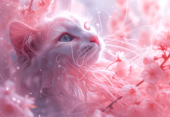 Cat in underwater cherry blossom world, jellyfish inspired