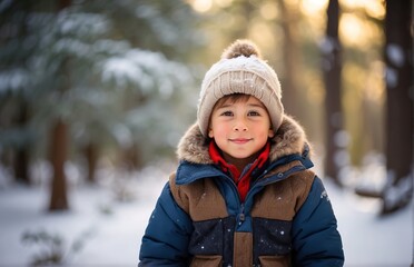 Child with winter snow forest, winter natural background