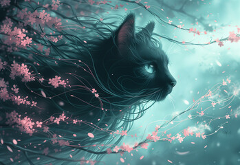 Cat in underwater cherry blossom world, jellyfish inspired