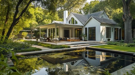 a side angle view of An alabaster white craftsman cottage with a backyard and a small, tranquil reflecting pool - obrazy, fototapety, plakaty