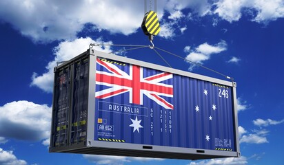Freight shipping container with national flag of Australia hanging on crane hook - 3D illustration - obrazy, fototapety, plakaty