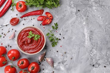 Flat lay composition with organic ketchup in bowl on grey textured table, space for text. Tomato sauce