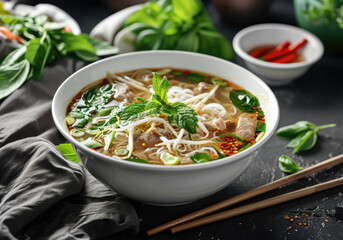 Closeup pho soup bowl with parsley, and meat, chopsticks, pepper on the side, on top of a black marble table