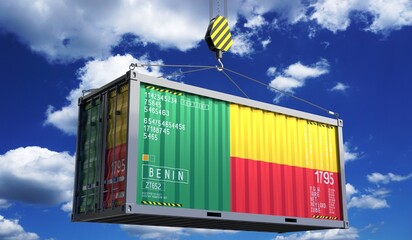 Freight shipping container with national flag of Benin hanging on crane hook - 3D illustration - obrazy, fototapety, plakaty