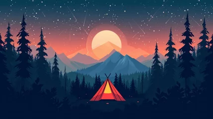 Foto op Plexiglas Vivid 2D vector illustration of a tent in the middle of forest and mountains, country and nature theme, camping concept © Stefan95