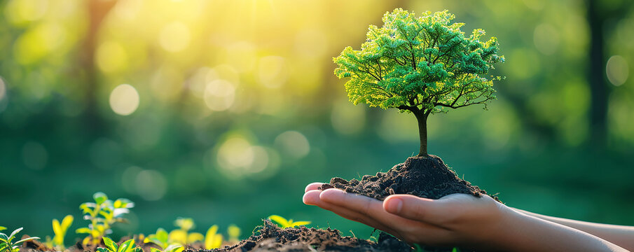 Human hands cradle a young tree with soil, symbolizing care and growth in a bright, natural setting, Nature ecology concept, World Earth Day, ESG campaign and CSR with people, world environment
