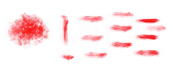 Red Ink Stripes and Stains. Freehand Brush Splats. Liens made of Red Paint. Abstract Irregular Brush Stripes. No Background. Irregular Abstract Blood-like Stains.	
