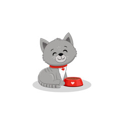 cute cartoon grey kitten sitting near a bowl of food.Cat isolated on white background.Vector