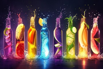 Glass colored bottles with different splashes and fruits inside, mango, banana, papaya, lychee, pomelo, guava, dragonfruit, kainito
