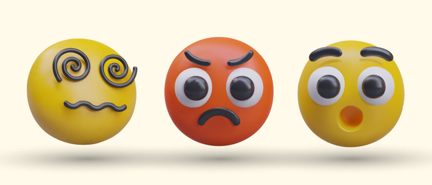 Confused dizzy face, red with anger, shocked character. Set of isolated emoticons to show human reactions. Creative illustrations for online communication
