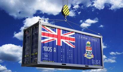 Freight shipping container with national flag of Cayman Islands hanging on crane hook - 3D illustration