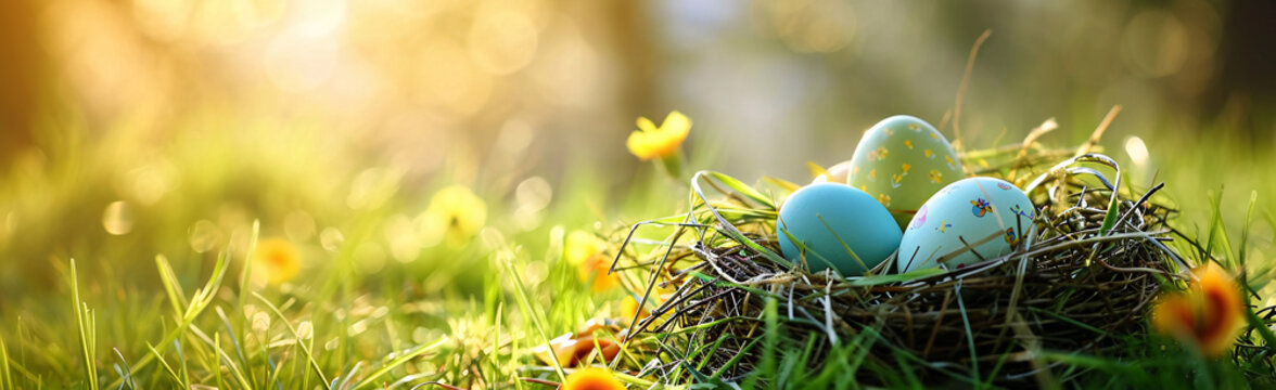 Buntes Osternest mit Eiern im Gras an einem sonnigen Fr&uuml;hlingstag - Osterdekoration, Banner, Panorama, Hintergrund