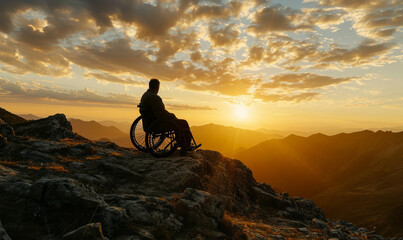 silhouette of a person in a wheelchair on top of a mountain - obrazy, fototapety, plakaty