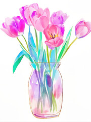 Pink violet Tulips in a glass vase watercolor illustration - 718170658