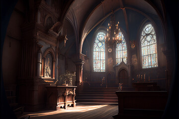 Fototapeta premium Church interior. Daylight comes in through large stained glass windows.