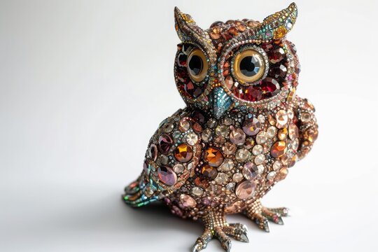 A large owl made of precious stones on a white background