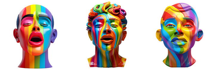 Collection of 3 LGBTQ + colored faces, spectrum color strips on persons on transparent background. PNG 3d statue - obrazy, fototapety, plakaty