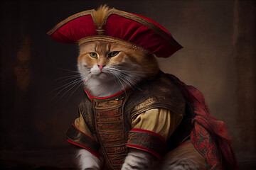 Portrait of a cat dressed as a bullfighter, baroque style.