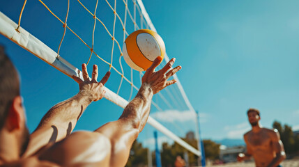 Volleyball player holding ball, close-up of hands and ball. Beach volleyball, summer vacation,...