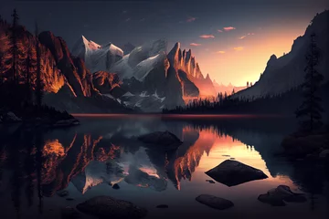 Wall murals Reflection Mountains reflected in the evening lake, landscape abstract illustration.