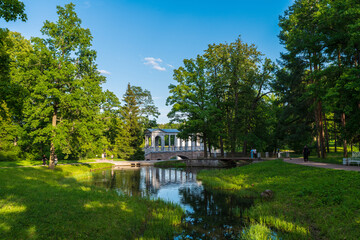 Marble Bridge (Palladian Bridge) in Catherine Park with reflection in the water
