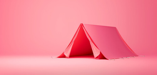 Red tent against peach pink gradient background.