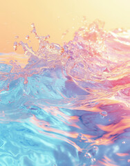 Vibrant water splash with sunlit hues on a rosy background.