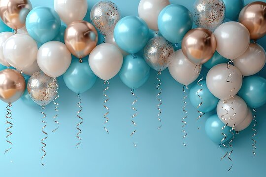 Balloon garland decoration elements. Frame arch for wedding, birthday, baby shower party celebration. Pastel blue and gold banner background with white round empty space. 3d render illustration
