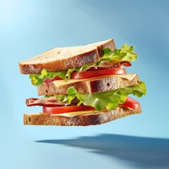 Super attractive testy double sandwich with tomatoes, slice of cheese, cow meat, and fresh lettuce isolated on blue studio background. Closeup of sandwich on the air. Generative AI