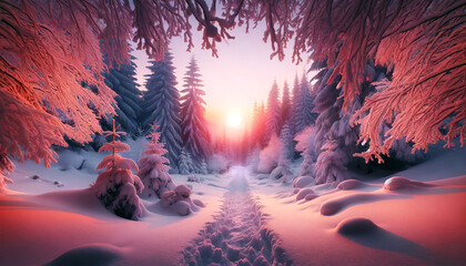 A breathtaking winter sunrise illuminates a snow-covered forest, casting a warm light on the serene and untouched snowy landscape. Winter landscape concept. AI generated.