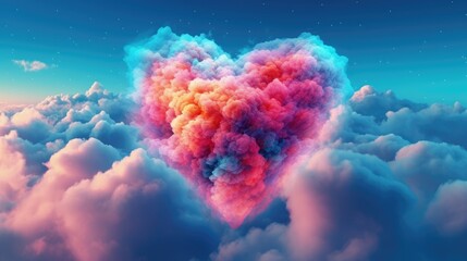 Colorful heart shaped smoke on top of the clouds on the sky background. Abstract landscape. Generative AI - obrazy, fototapety, plakaty