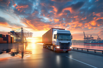 Fototapeta premium Truck takes container out of port terminal being for logistics a delivers it to customer AI Generation
