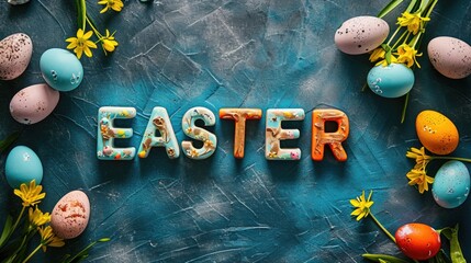 colorful photo of the text "EASTER" with eggs around - Powered by Adobe