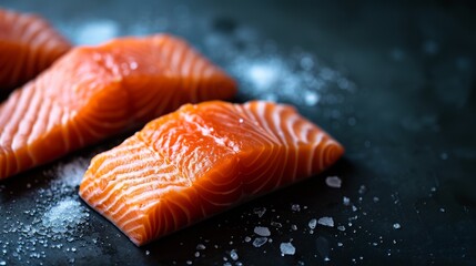 three vibrant salmon of fresh slices on dark surface, Scattered around are grains of salt