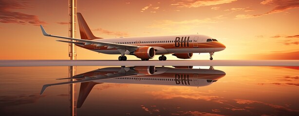 An airplane on the runway of the airport against the sunset sky, encapsulating the essence of travel and business.