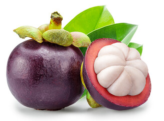 Mangosteen fruit and mangosteen cut in half isolated on white background.