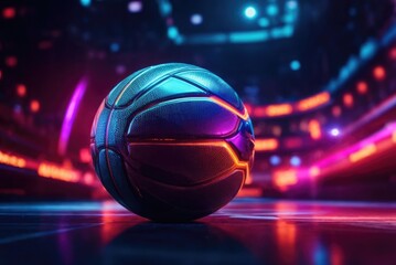 Futuristic basketball Background in glossy material with neon glowing wireframe. Ai generative 
