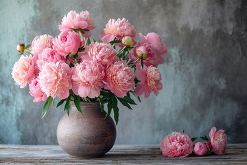 Bouquet of pink peony flowers in round vase on grey rustic background with copy space.