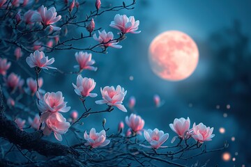 Branches of flowering magnolia at night amid full moon created
