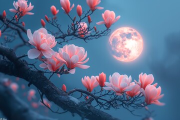 Branches of flowering magnolia at night amid full moon created