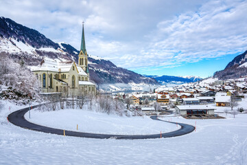 Lungern town in snow in winter season, Obwalden, Switzerland - 718173800