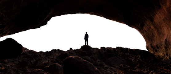 Adventure Man Hiker standing in Rocky Cave on top of a Mountain, Looking out. PNG Cutout. 3d Rendering