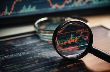 Close up of magnifying glass search of investing and stock market highlighting business growth chart.  - obrazy, fototapety, plakaty