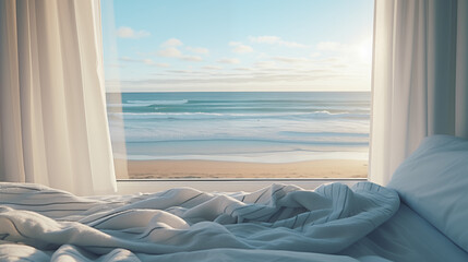 Chambre à coucher, gros plan sur un lit devant une fenêtre. Vue d'un paysage de plage, mer, océan, ensoleillé. Calme, détente. Oreiller, literie, couverture. Pour conception et création graphique.