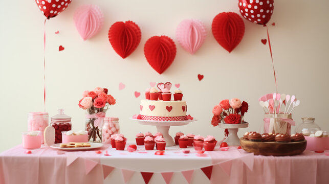 Beautiful St Valentines Day party table with showstopper red, white and pink hearts double layer cake, with white chocolate frosting.

