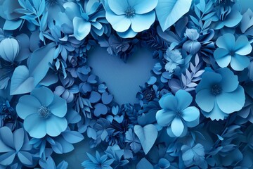 Blue matte wallpaper depicts bright flowers and leaves of large and small sizes in the shape of a heart 3D rendering of spring wallpaper
