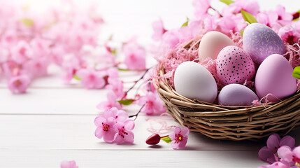 Fototapeta na wymiar easter eggs in a basket with spring flowers on wooden background