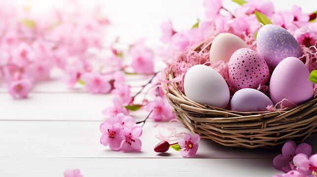 easter eggs in a basket with spring flowers on wooden background