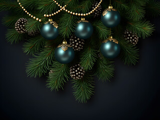 christmas decoration with fir tree branches and balls in black background