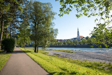 walkway beside Isar river, view to old town Bad Tolz, upper bavaria